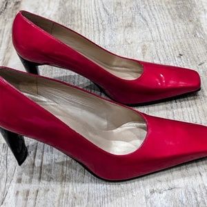 Stuart Weitzman Red Patent Square Toe Black Heels - 9 1/2 B